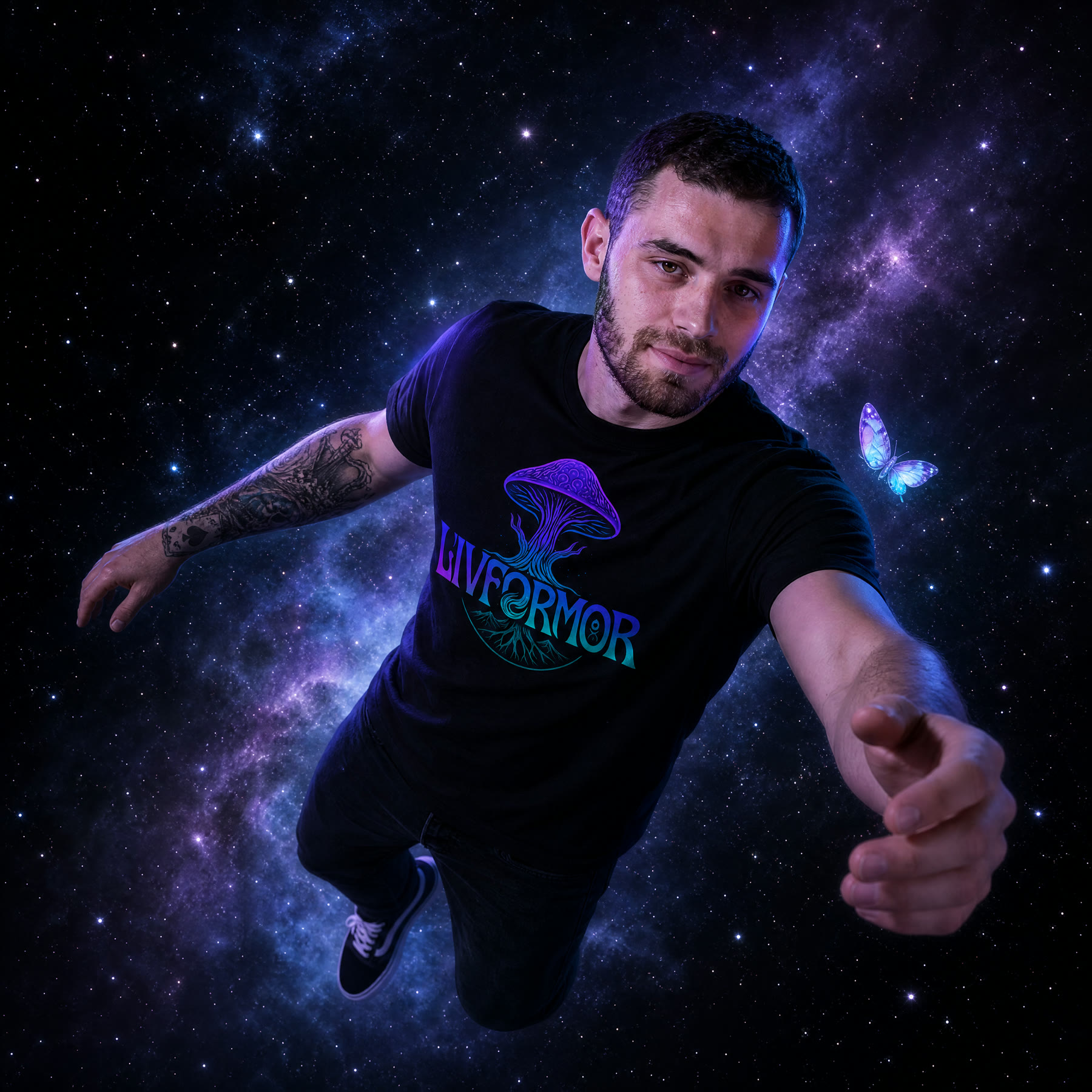 LivForMor floating in space with a butterfly